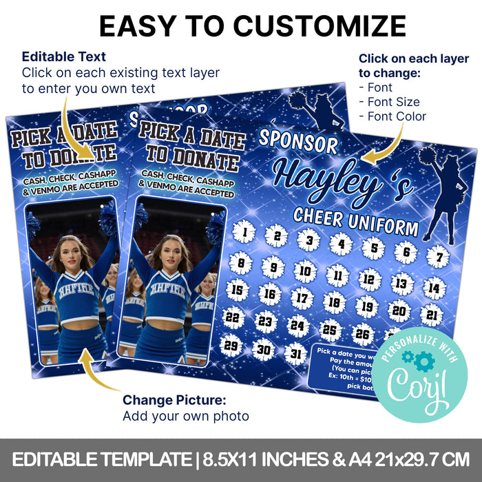 School Cheer Squad Team Donation Calendar | Cheerleader Pick a Date to Donate Fundraiser Template