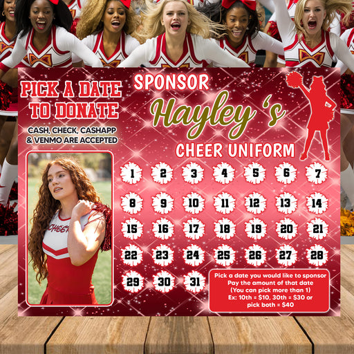 School Cheerleader Team Fundraising Donation Calendar Template | Pep Squad Pick a Date to Donate Calendar