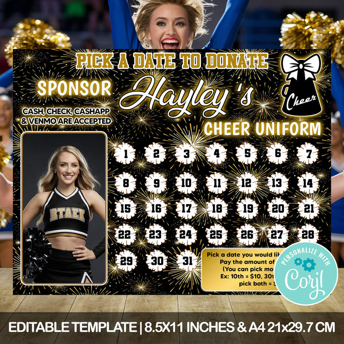 DIY Cheerleading Pick A Date To Donate Template | Cheer Squad Fundraising Donation Calendar