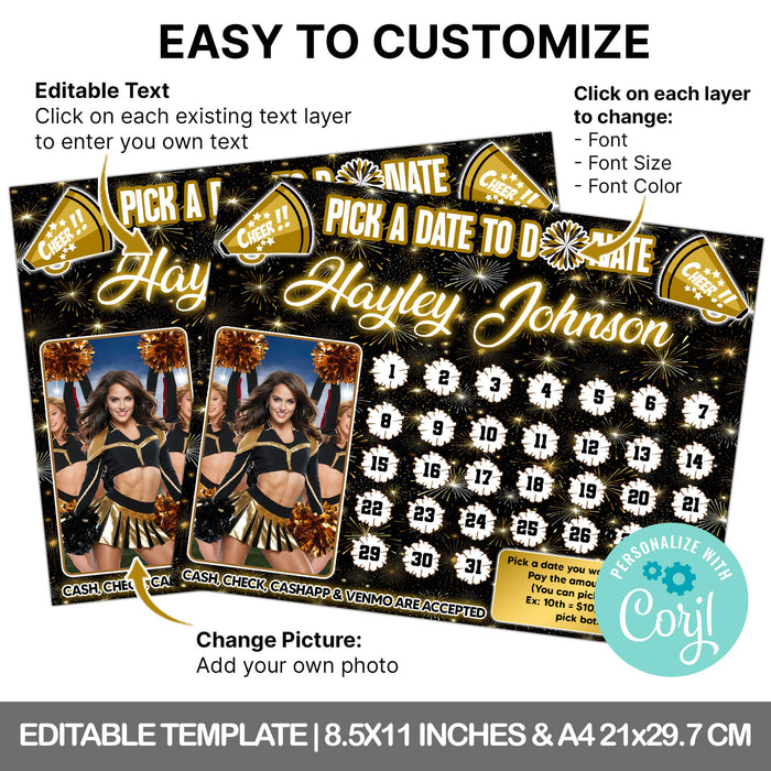 DIY Cheer Squad Pick A Date Fundraising Calendar | Cheerleading Team Pick a Date to Donate Template