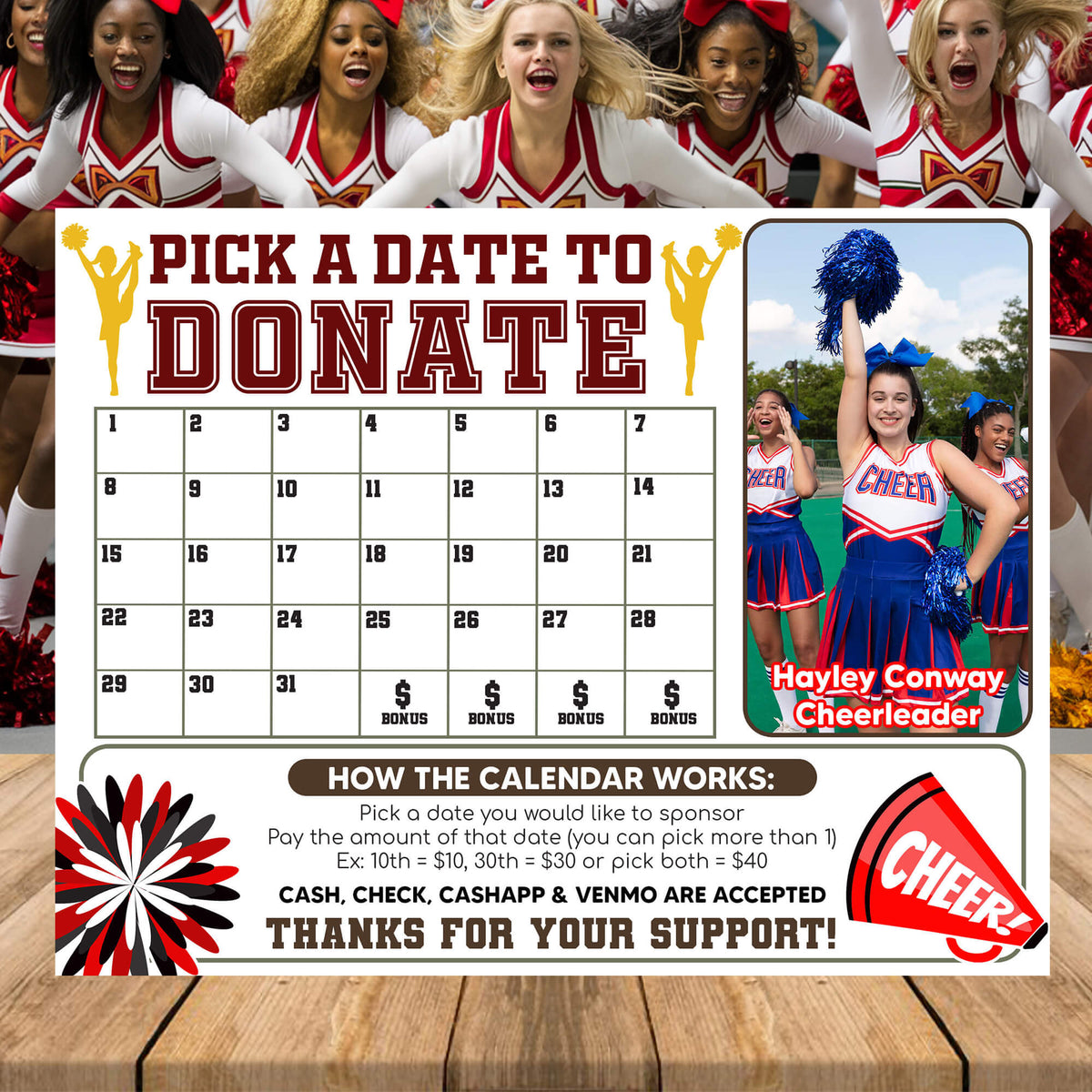 Cheer Pick A Date Fundraising | Cheerleading Team Pick a Date to Donate ...