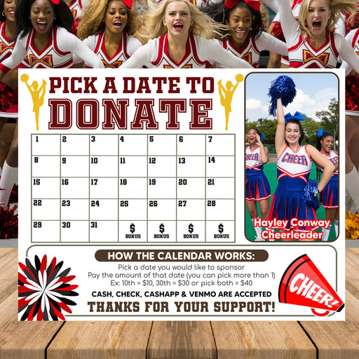 Cheer Pick A Date Fundraising | Cheerleading Team Pick a Date to Donate Calendar Template