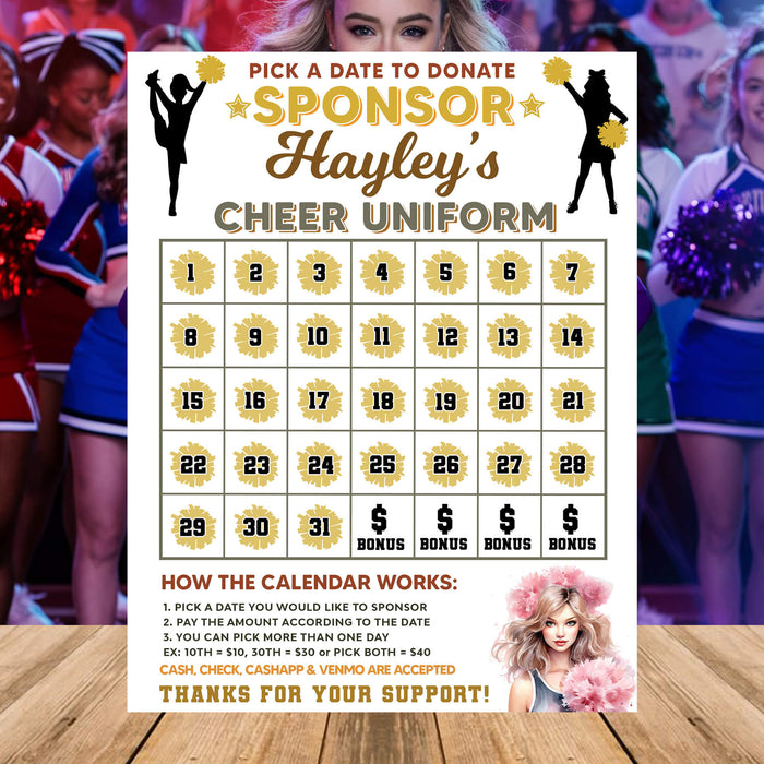 Customizable Cheerleading Pick a Date to Donate | Cheer Team Fundraising Donation Calendar Template - Posh Park customizable-cheerleading-pick-a-date-to-donate-cheer-team-fundraising-donation-calendar-template-posh-park