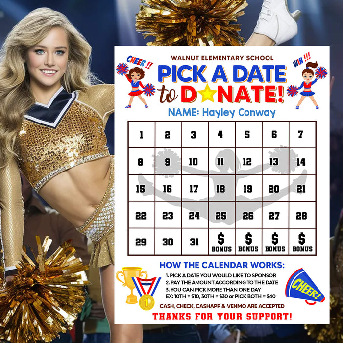 Cheerleading Team Calendar Fundraiser | School Pick a Date to Donate Cheer Fundraiser Calendar