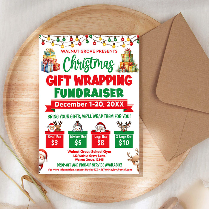 Christmas Gift Wrapping Fundraiser Flyer Template | Holiday Fundraising Event Invitation