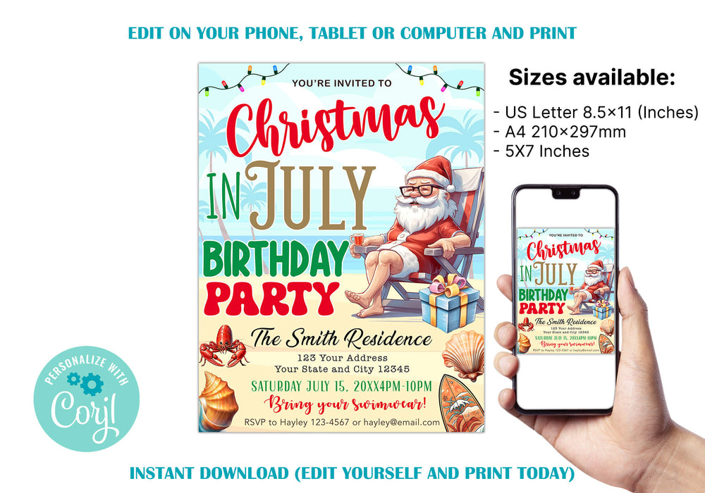 Funny Santa Christmas in July Birthday Invitation