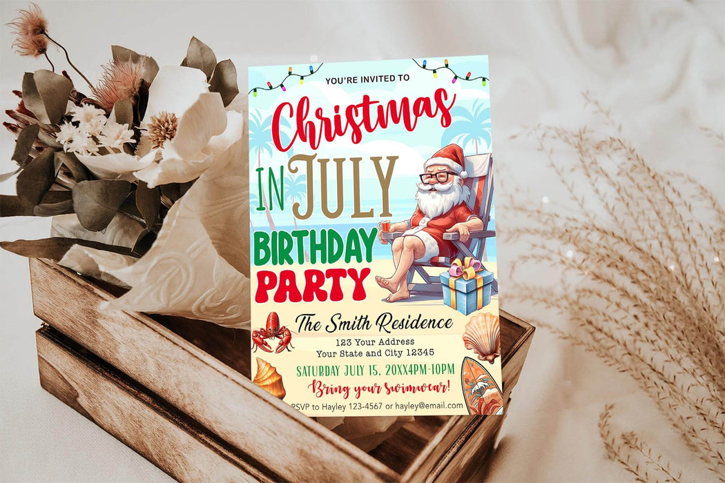 Funny Santa Christmas in July Birthday Invitation