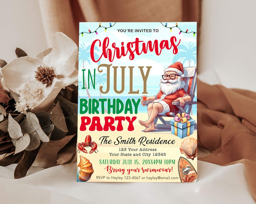 Funny Santa Christmas in July Birthday Invitation