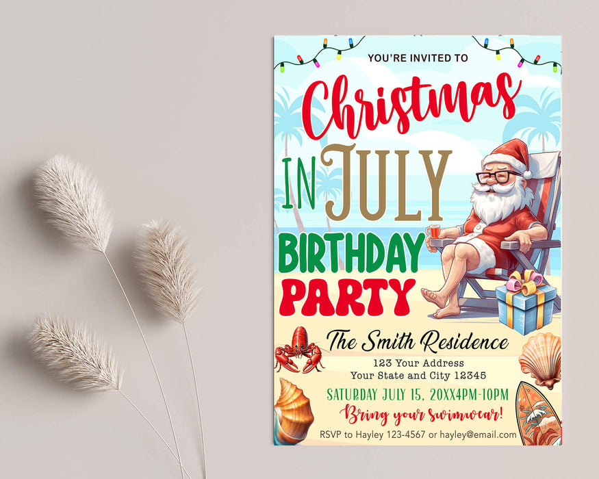 Funny Santa Christmas in July Birthday Invitation