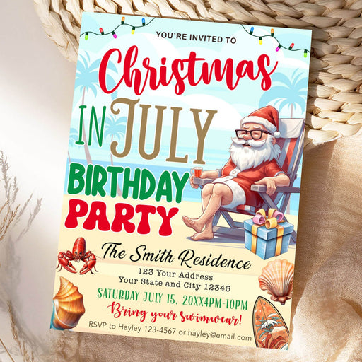 Funny Santa Christmas in July Birthday Invitation