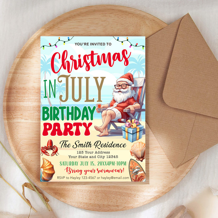 Funny Santa Christmas in July Birthday Invitation