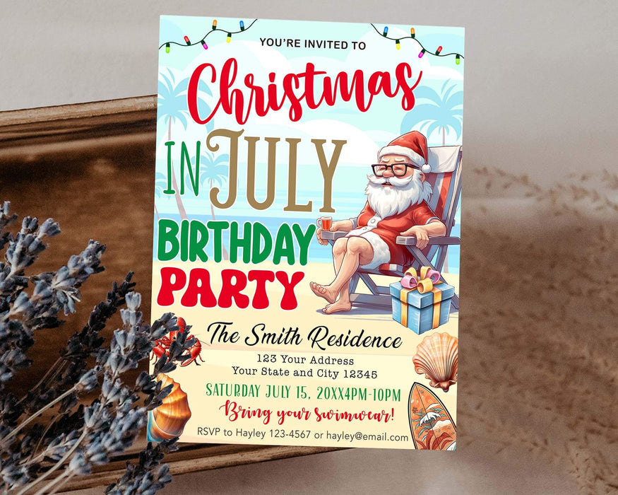 Funny Santa Christmas in July Birthday Invitation