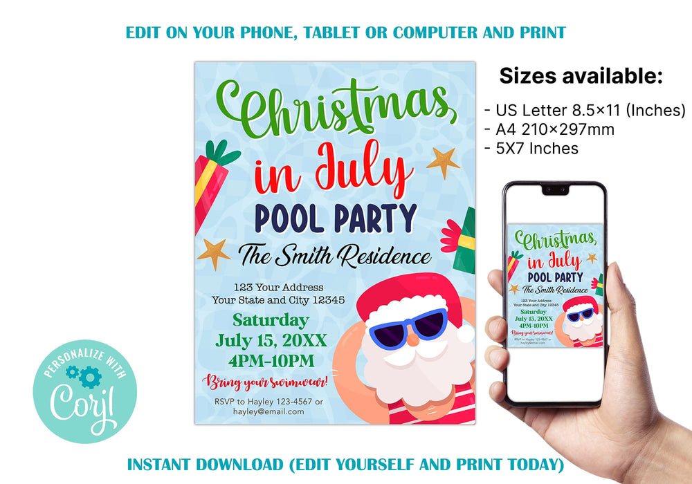 Cute Santa Christmas in July Pool Party Invite