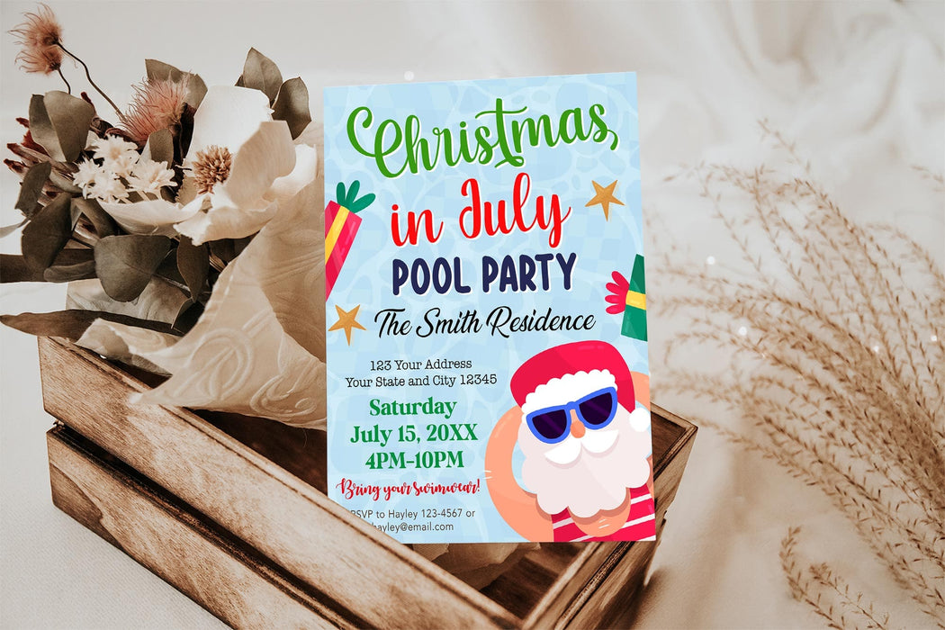 Cute Santa Christmas in July Pool Party Invite