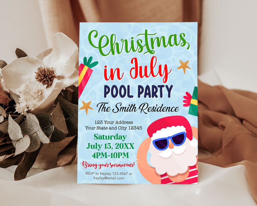 Cute Santa Christmas in July Pool Party Invite