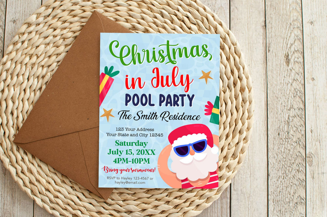 Cute Santa Christmas in July Pool Party Invite