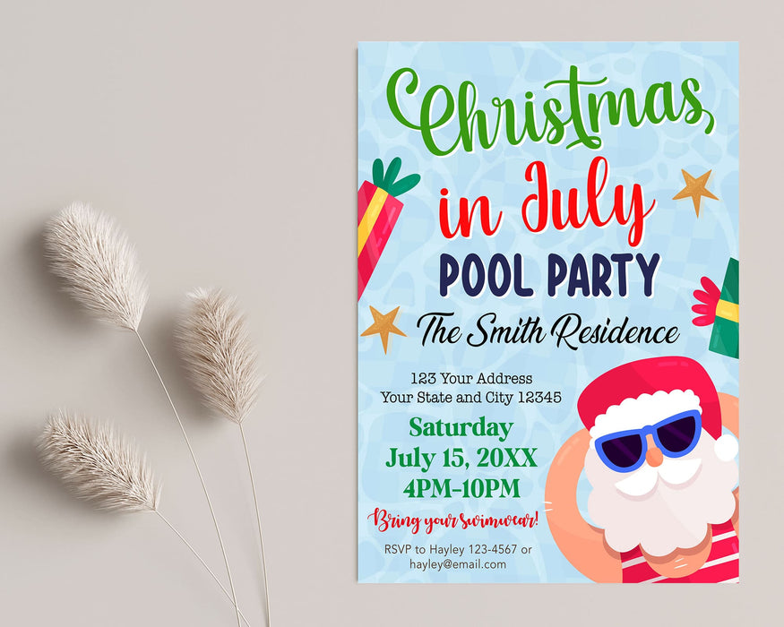 Cute Santa Christmas in July Pool Party Invite