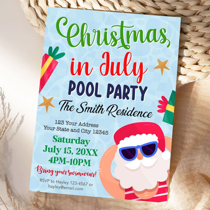 Cute Santa Christmas in July Pool Party Invite