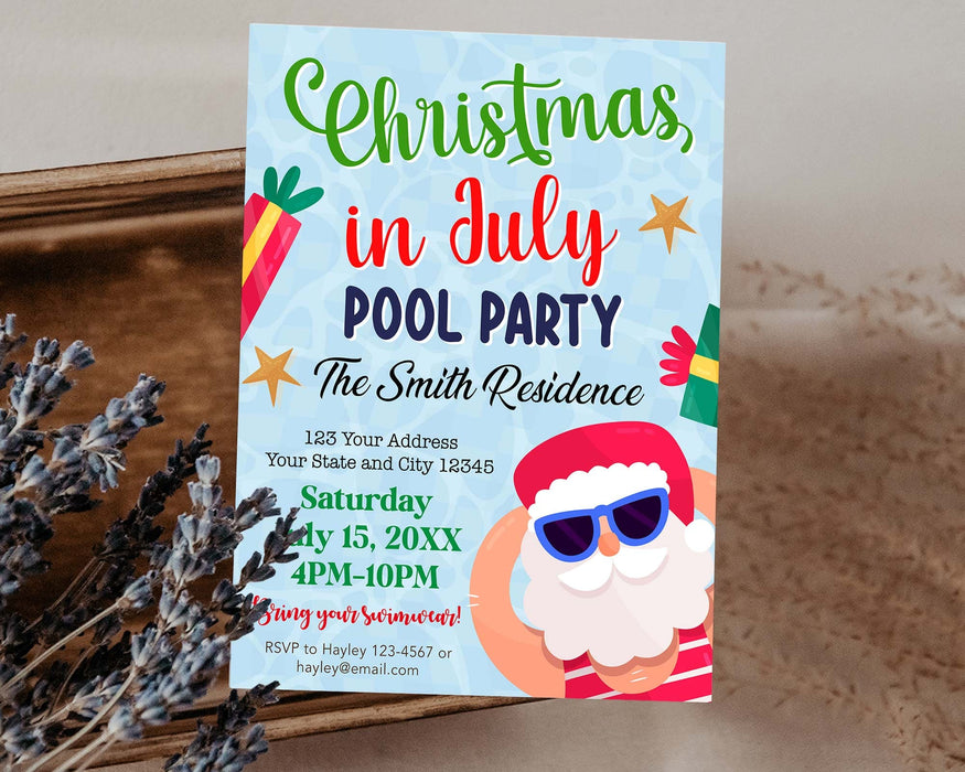 Cute Santa Christmas in July Pool Party Invite