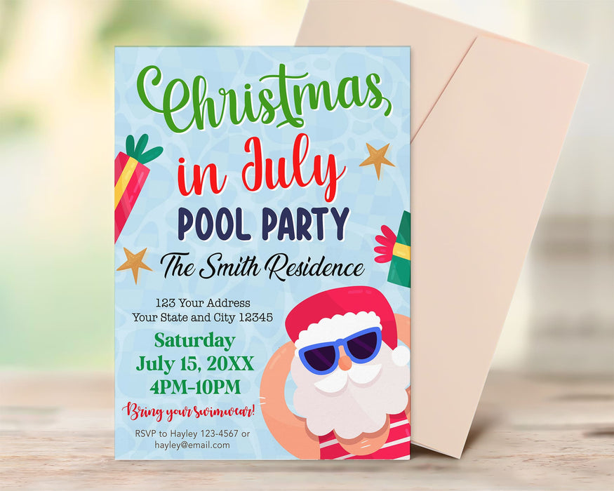 Cute Santa Christmas in July Pool Party Invite