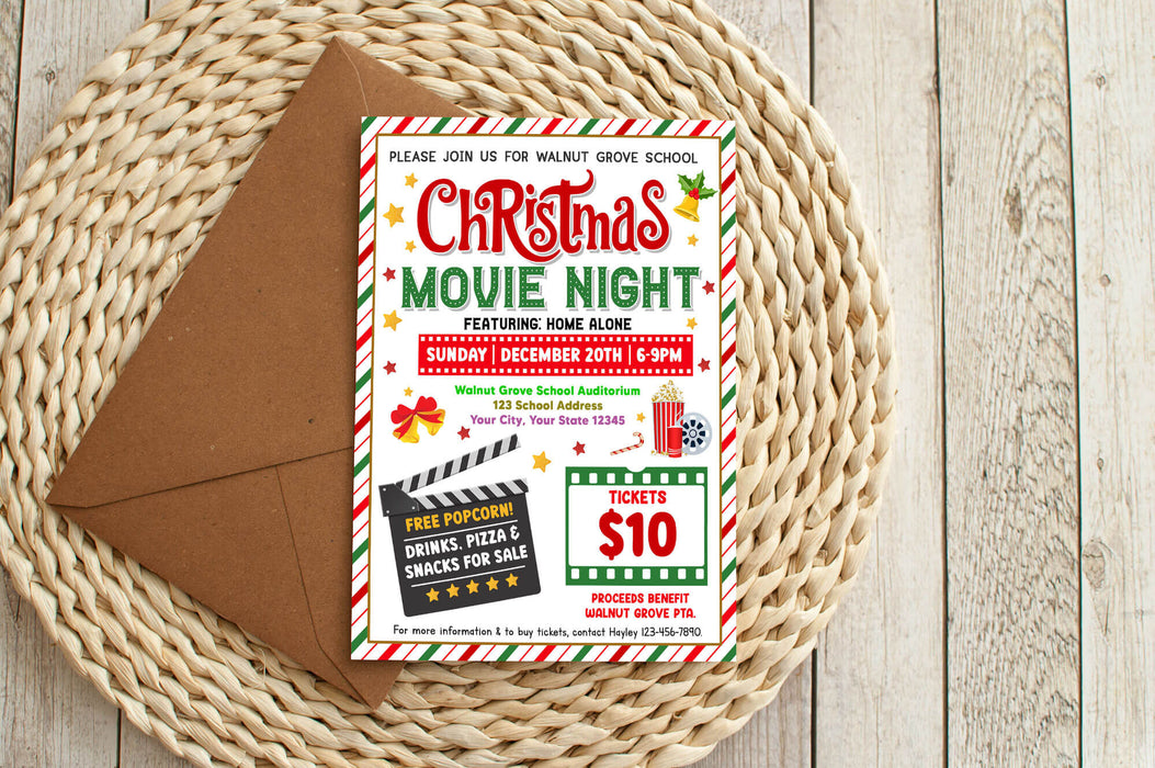 DIY Christmas Movie Night Flyer Template | Holiday Movie Night Fundraiser Event Flyer