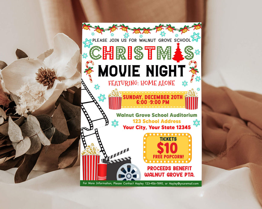 Customizable Christmas Movie Night Flyer | Family Movie Night Holiday Fundraiser Event Template