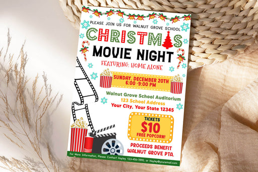 Customizable Christmas Movie Night Flyer | Family Movie Night Holiday Fundraiser Event Template
