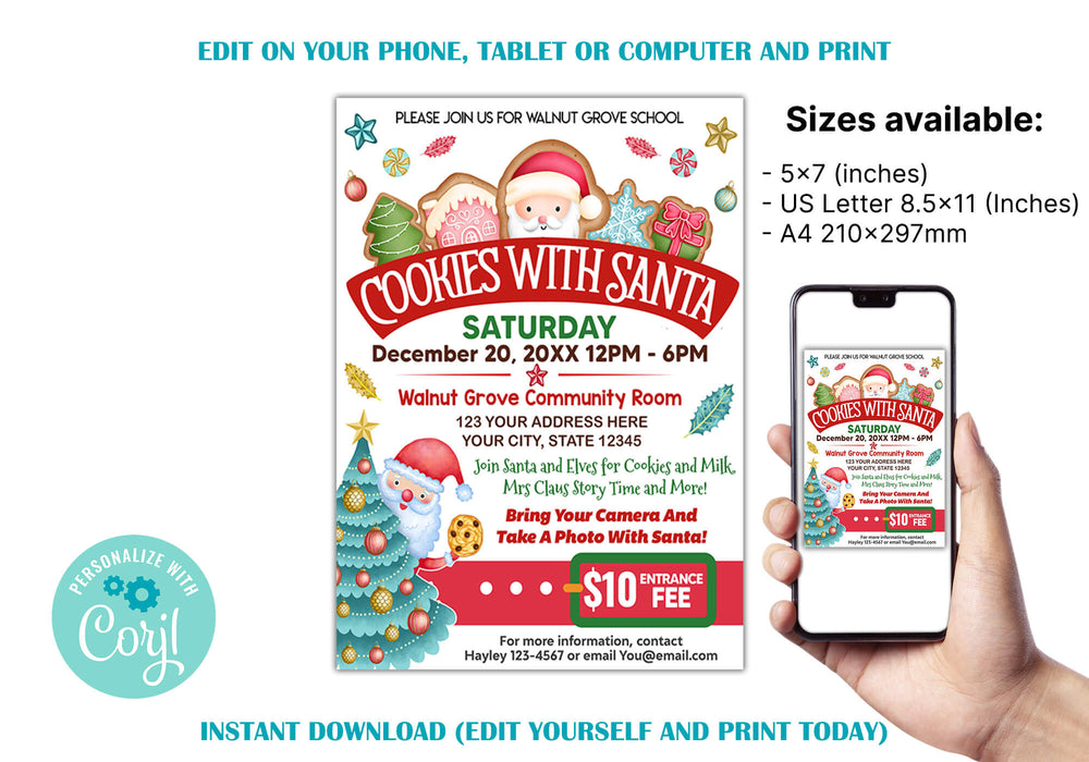 Cookies With Santa Flyer Template | Christmas  Fundraising Event Invite