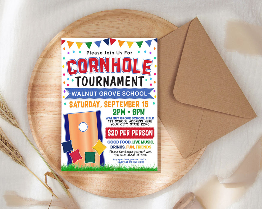 DIY Cornhole Tournament Fundraiser Flyer | School Sport Fundraising Event Flyer Template