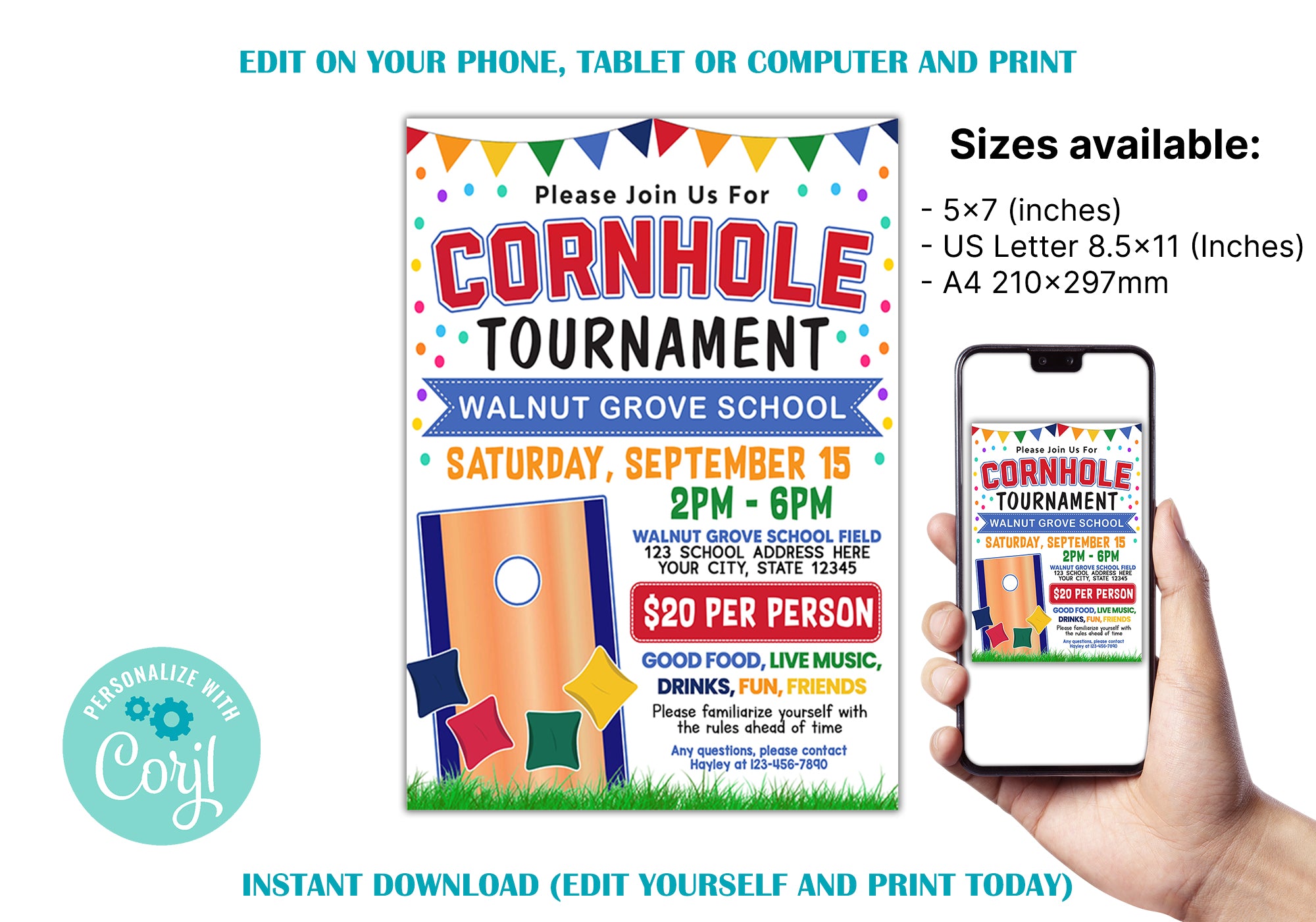 DIY Cornhole Tournament Fundraiser Flyer | School Sport Fundraising ...