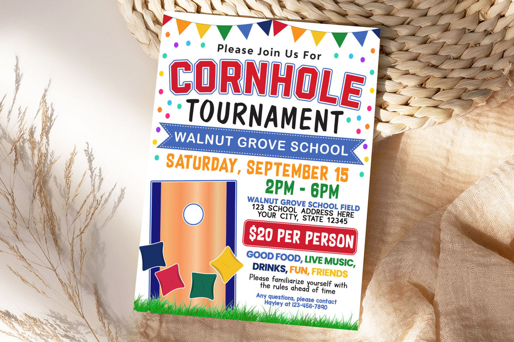 DIY Cornhole Tournament Fundraiser Flyer | School Sport Fundraising Event Flyer Template