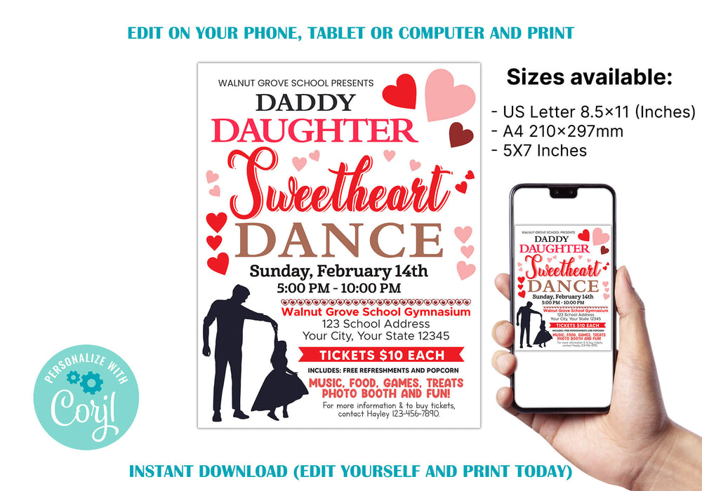 DIY Daddy Daughter Sweetheart Dance Ticket  and Flyer Template | School Valentine's Dance Bundle