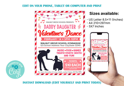 DIY Daddy Daughter Valentine's Day Dance Ticket and Flyer Bundle | School Heart Day Dance Template