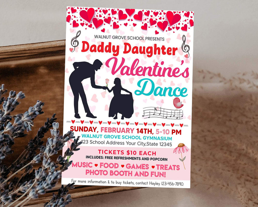 Customizable Daddy Daughter Valentine's Day Dance Ticket and Flyer | School Heart Day Dance Bundle