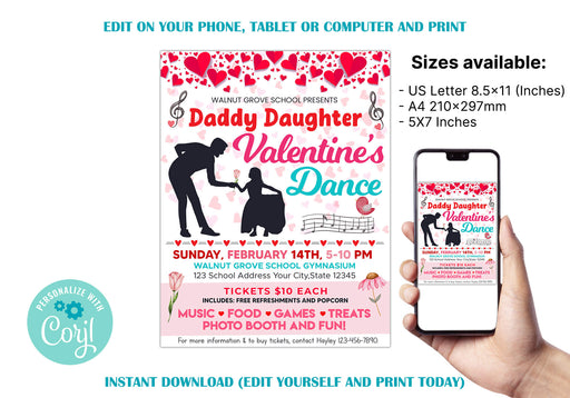 Customizable Daddy Daughter Valentine's Day Dance Ticket and Flyer | School Heart Day Dance Bundle