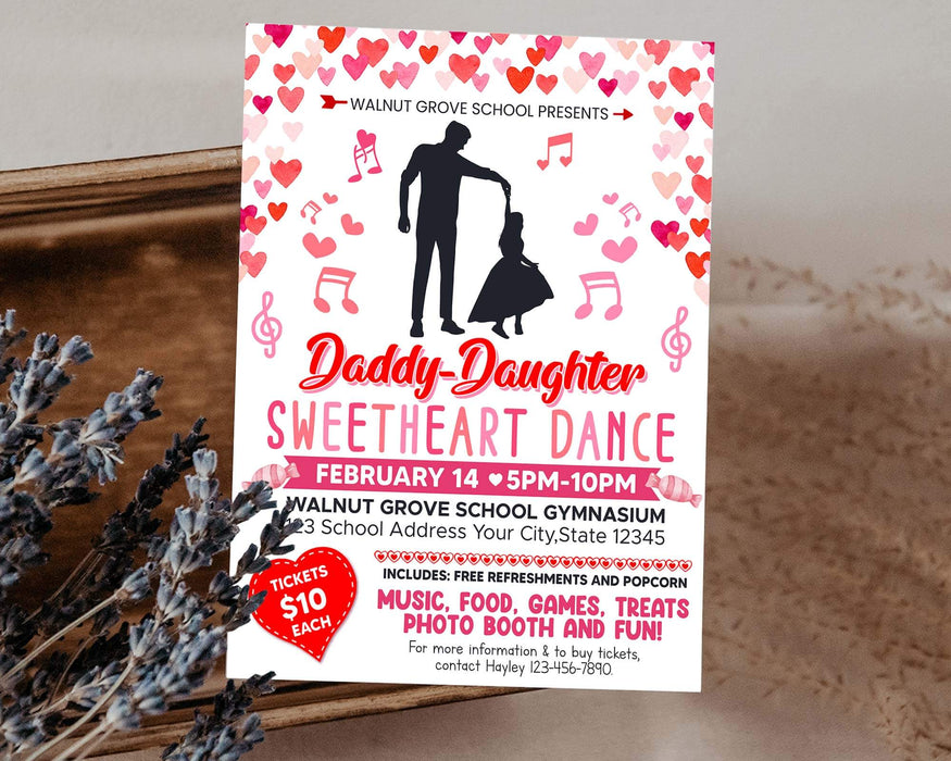 Customizable Daddy Daughter Sweetheart Dance Ticket  and Flyer Bundle | School Valentine's Dance Template