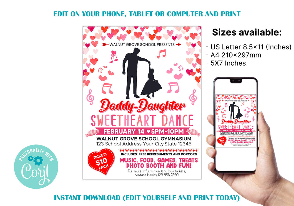 Customizable Daddy Daughter Sweetheart Dance Ticket  and Flyer Bundle | School Valentine's Dance Template