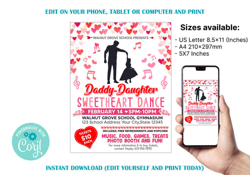 Customizable Daddy Daughter Sweetheart Dance Ticket  and Flyer Bundle | School Valentine's Dance Template