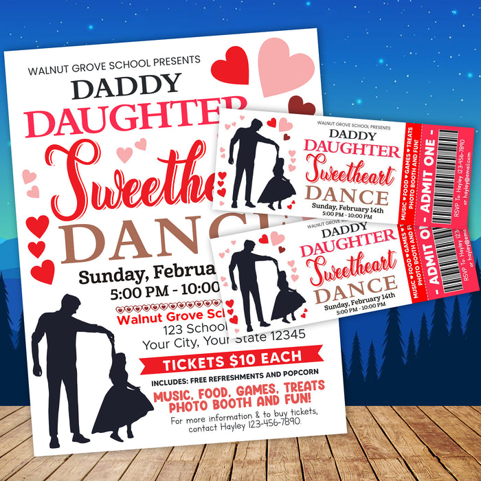 DIY Daddy Daughter Sweetheart Dance Ticket  and Flyer Template | School Valentine's Dance Bundle