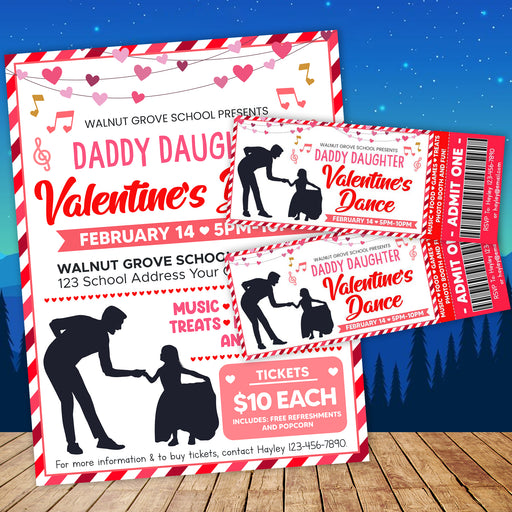 DIY Daddy Daughter Valentine's Day Dance Ticket and Flyer Bundle | School Heart Day Dance Template