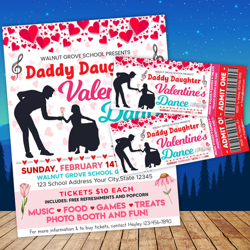 Customizable Daddy Daughter Valentine's Day Dance Ticket and Flyer | School Heart Day Dance Bundle