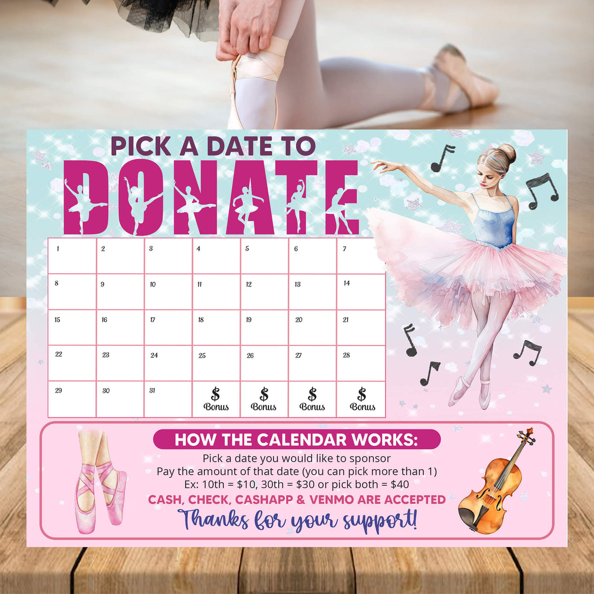 Dance Pick a Date to Donate Fundraising Calendar | Fundraiser Pay The ...