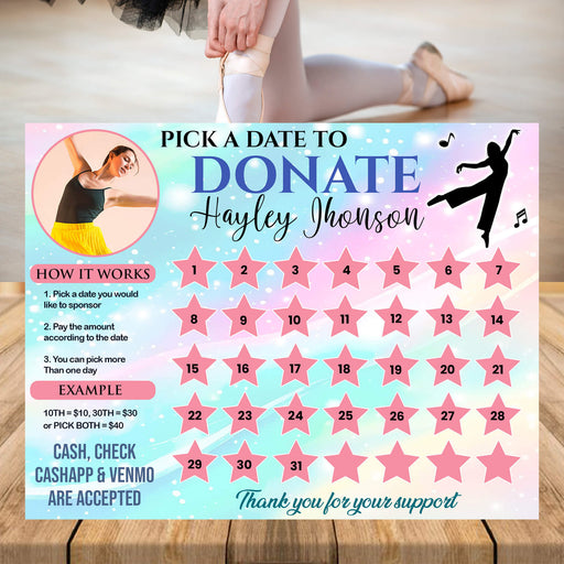 Modern Dance Themed Donation Calendar | Editable Dance Competition Pick a Date to Donate Fundraiser Template