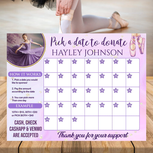 Customizable Dance Pick a Date to Donate | Ballet Ballerina Fundraising Donation Calendar Template