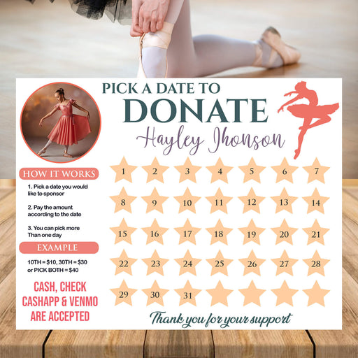 Ballet Themed Calendar Fundraiser | School Pick a Date to Donate Ballerina Donation Template