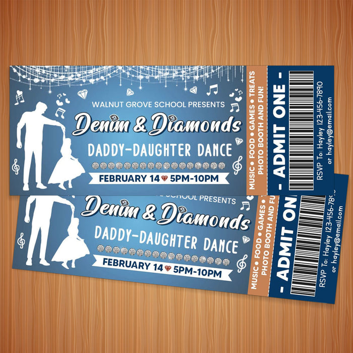 Customizable Denim and Diamond Dance Ticket Template | Daddy Daughter School Dance Template