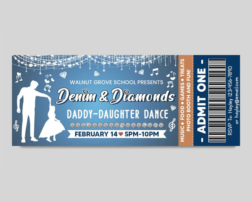 Customizable Denim and Diamond Dance Ticket Template | Daddy Daughter School Dance Template