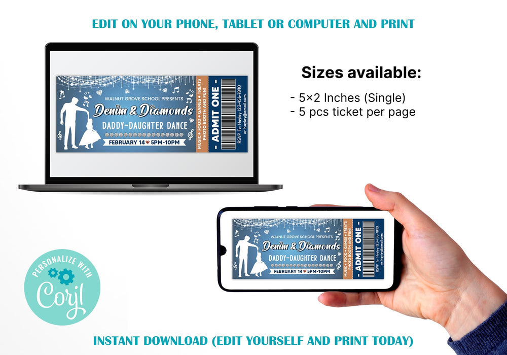 Customizable Denim and Diamond Dance Ticket Template | Daddy Daughter School Dance Template