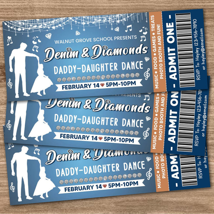 Customizable Denim and Diamond Dance Ticket Template | Daddy Daughter School Dance Template