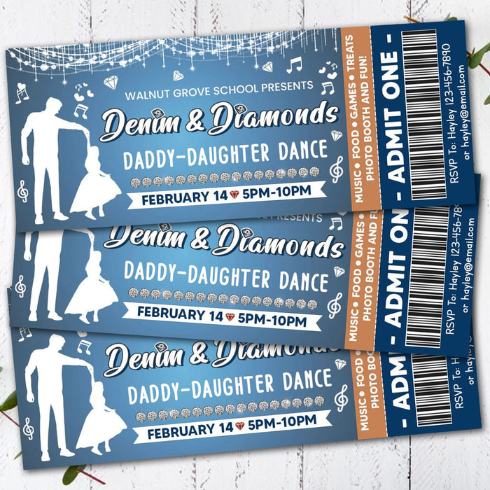 Customizable Denim and Diamond Dance Ticket Template | Daddy Daughter School Dance Template